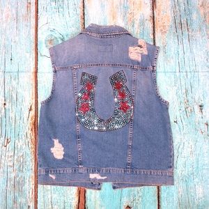 True Religion Custom Designed Distressed Denim Jean Jacket Vest
